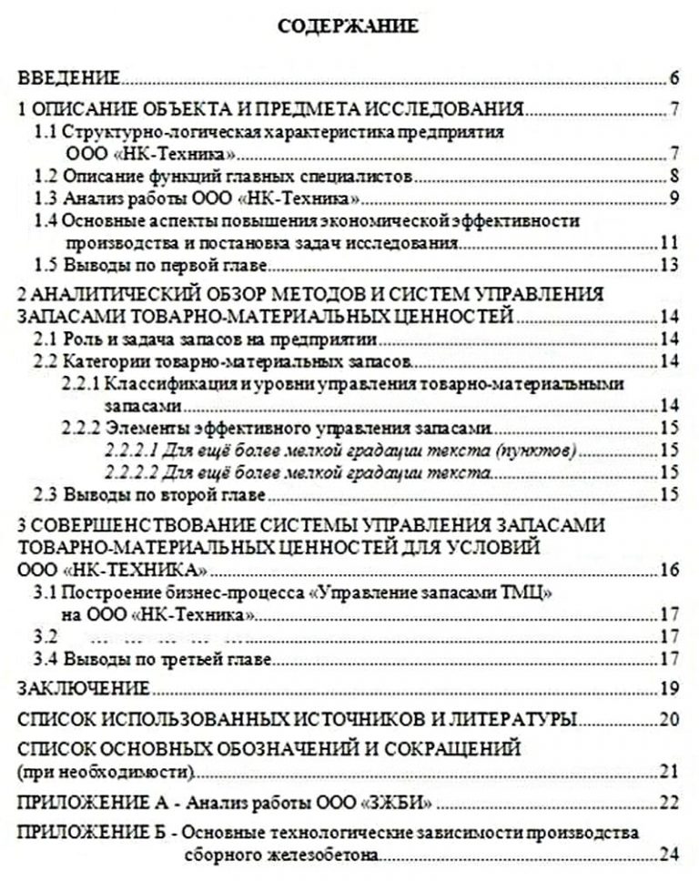 Образец оформления содержания дипломной работы